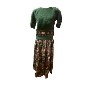 Herman Geist Vintage Hand Embroidered Sweater and Floral Maxi Skirt Set Green M